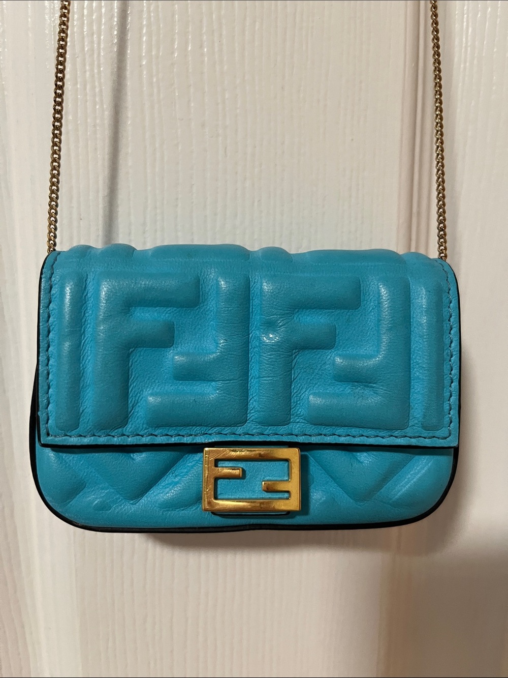 Fendi Turquoise Mini Baguette with Gold Chain